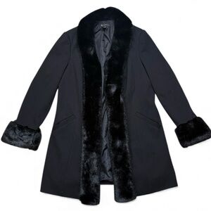 Vtg INC International Concepts Black Faux Fur Trim Coat Overcoat XL